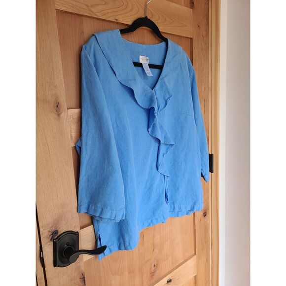 Vintage Mosaic 100% Linen XL Blue Blouse Flounce 3/4 Sleeve Minimalist Lagenlook - Picture 4 of 6